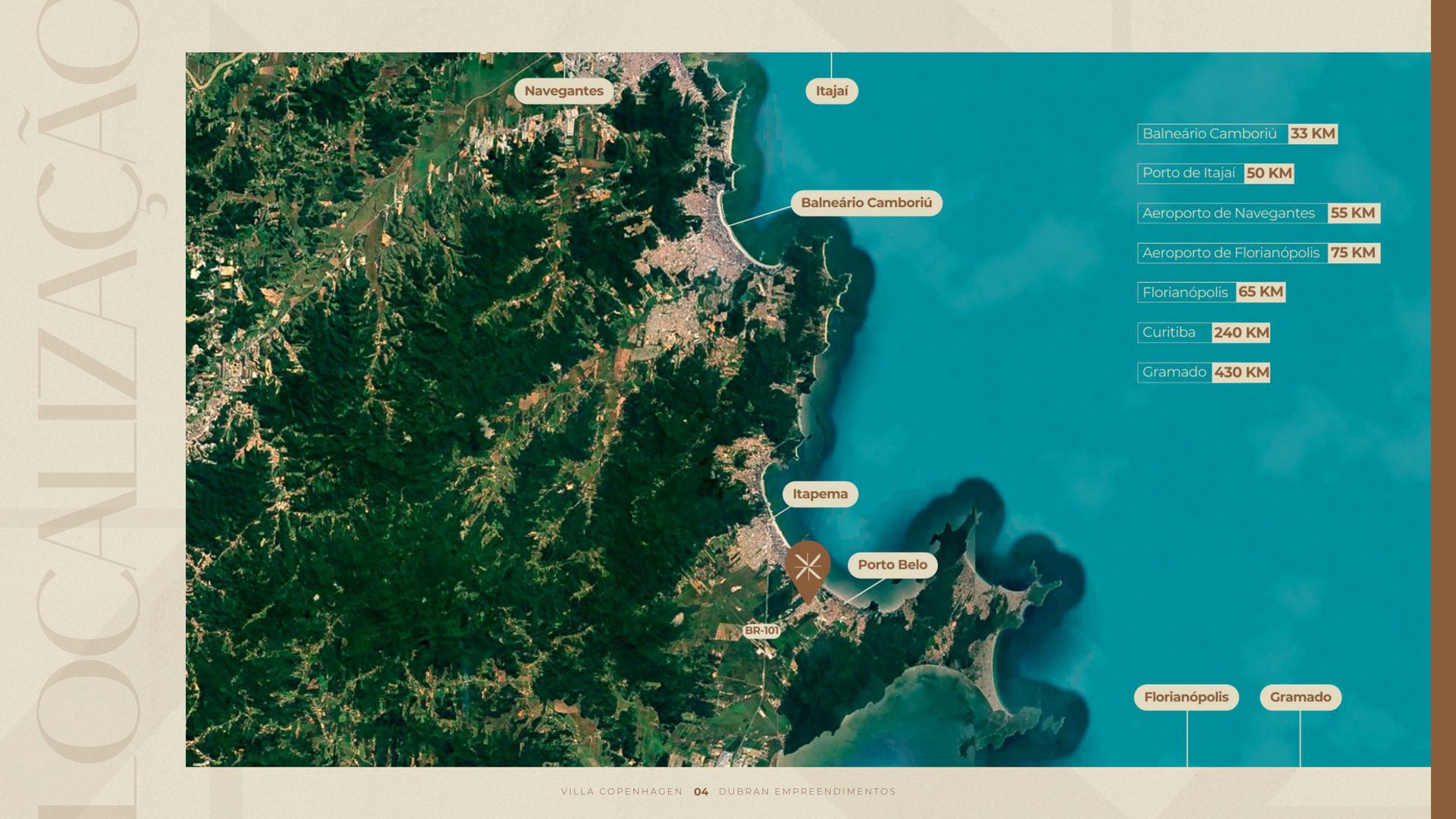 Mapa regional Villa Copenhagen — Porto Belo/SC. Distâncias: Balneário Camboriú 33km, Porto de Itajaí 50km, Aeroporto de Navegantes 55km, Aeroporto de Florianópolis 75km, Florianópolis 65km, Curitiba 240km, Gramado 430km.